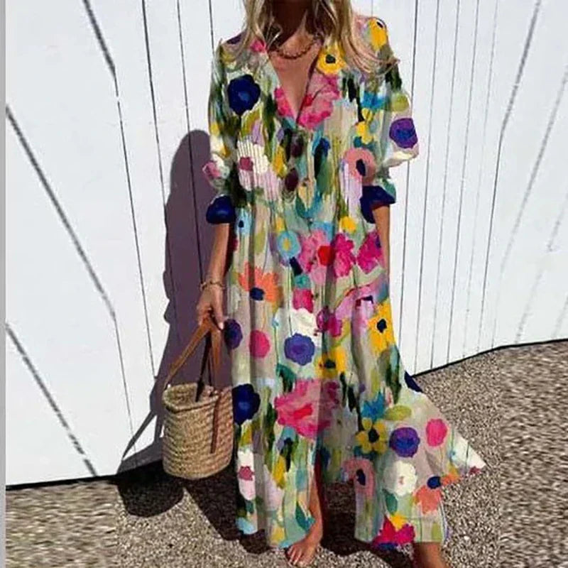 Damen - Boho Maxikleid - V-Ausschnitt - Stilvoll & Fließend - Ideal für Sommer-Events