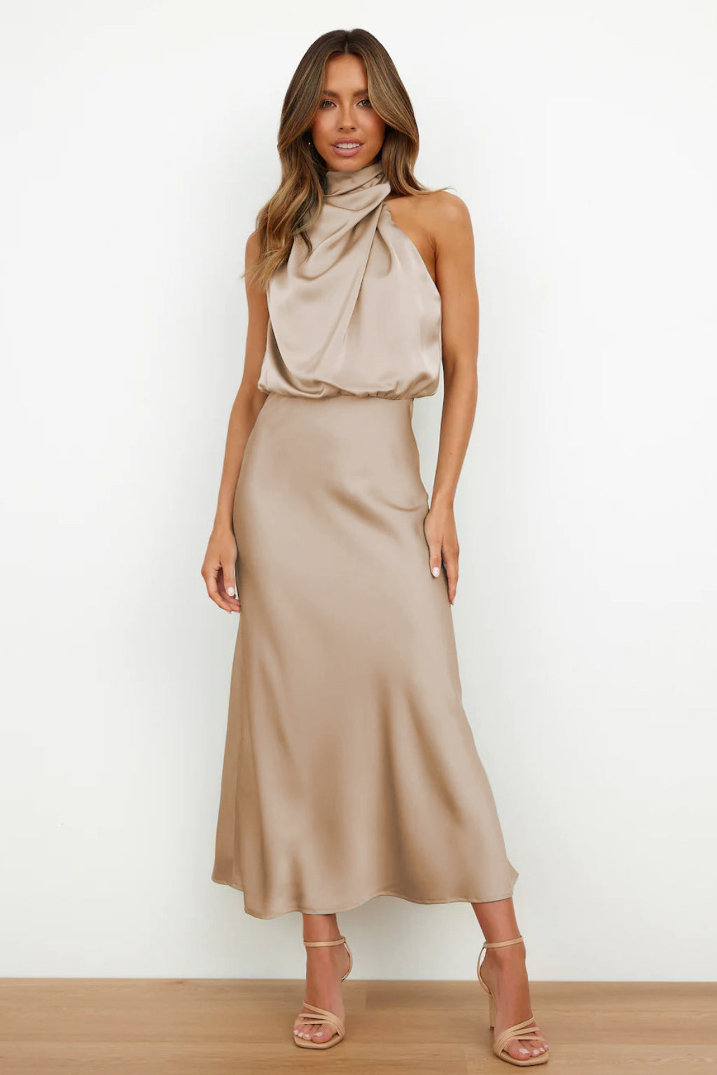 Damen - Midikleid - Satin - Neckholder Rückenfrei - Elegantes Kleid für besondere Anlässe