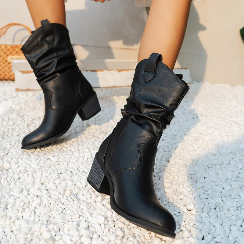 Damen - Mittelhohe Slouch Boots - Stylisches Western-Design - Bequeme Passform für jeden Anlass