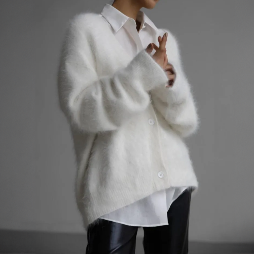 Damen - Übergroße Strickjacke - Weiches Mohair - Knopfverschluss - Gemütlicher Chic für jede Gelegenheit