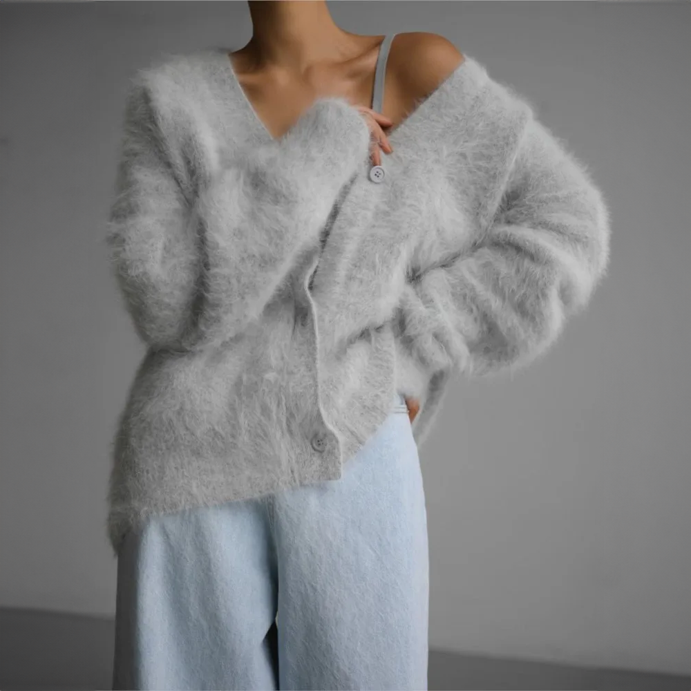 Damen - Übergroße Strickjacke - Weiches Mohair - Knopfverschluss - Gemütlicher Chic für jede Gelegenheit