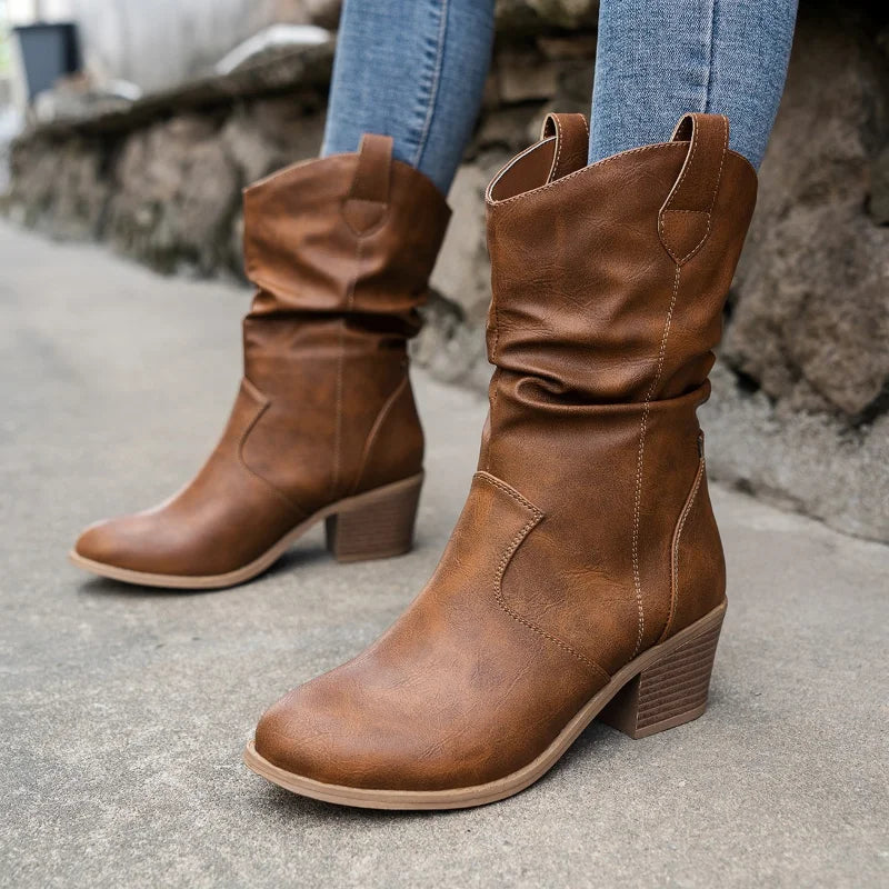 Damen - Mittelhohe Slouch Boots - Stylisches Western-Design - Bequeme Passform für jeden Anlass