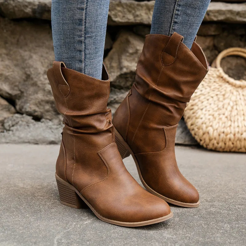 Damen - Mittelhohe Slouch Boots - Stylisches Western-Design - Bequeme Passform für jeden Anlass