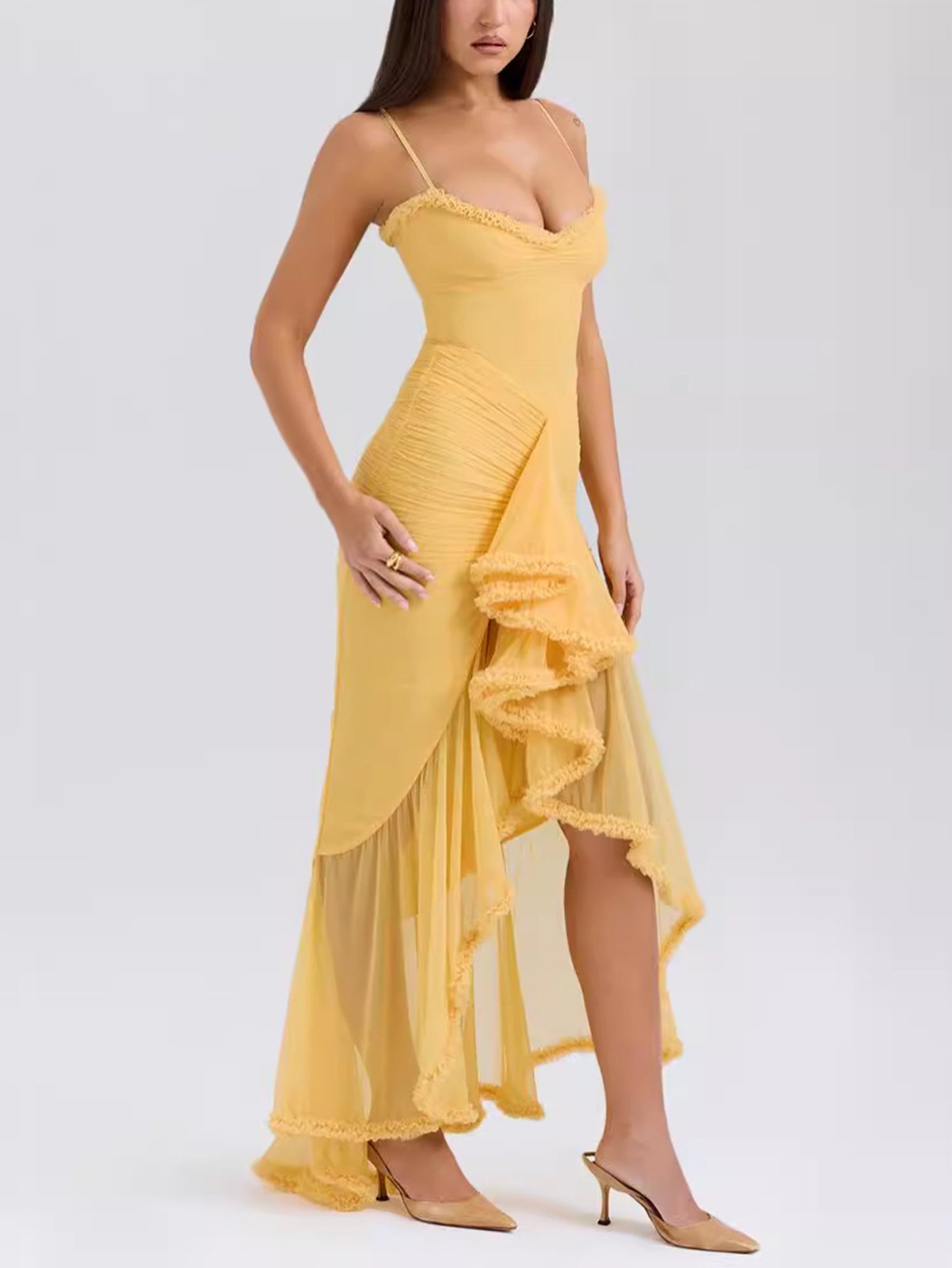 Anabella | Spaghetti-Träger Rüschen Maxikleid