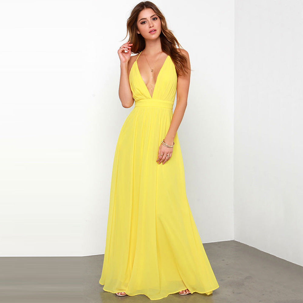 Damen - Langes Chiffon Kleid - V-Ausschnitt - Elegantes Design für jeden Anlass