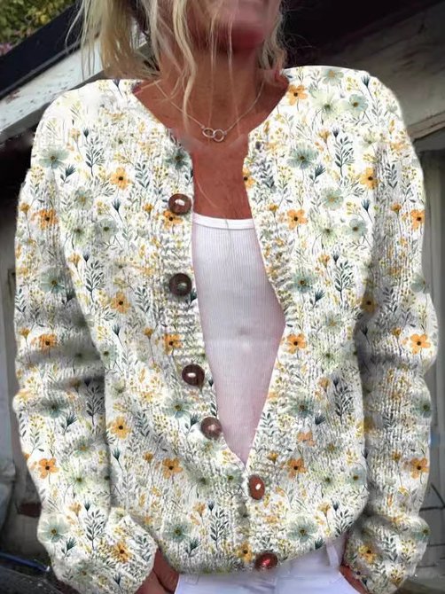 Damen - Strickjacke - Blumenmuster - gemütlicher Rundhalsausschnitt - ideal für lässige Anlässe