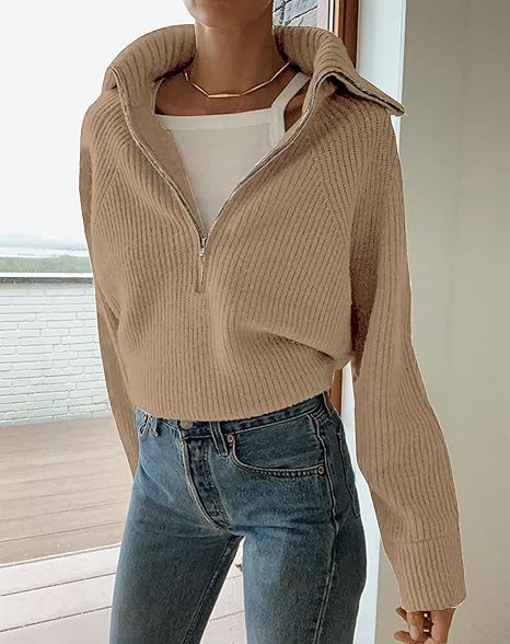Anna | Damenstrickpullover mit V-Ausschnitt und Reißverschluss