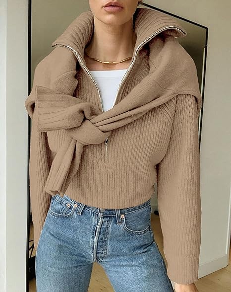 Anna | Damenstrickpullover mit V-Ausschnitt und Reißverschluss