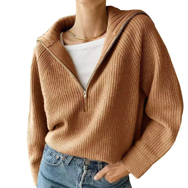 Anna | Damenstrickpullover mit V-Ausschnitt und Reißverschluss