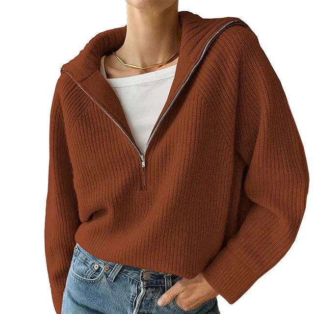 Anna | Damenstrickpullover mit V-Ausschnitt und Reißverschluss