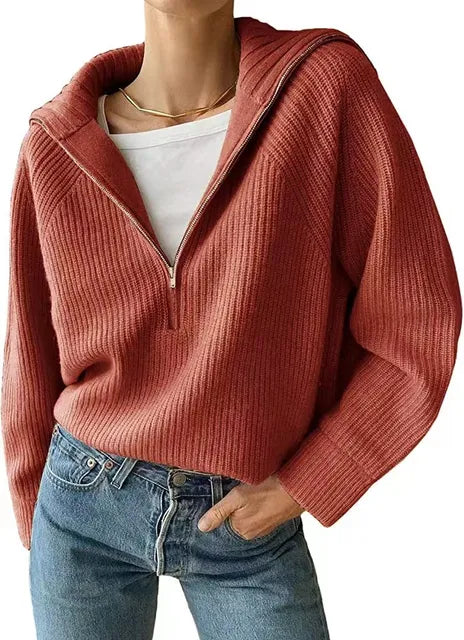 Anna | Damenstrickpullover mit V-Ausschnitt und Reißverschluss