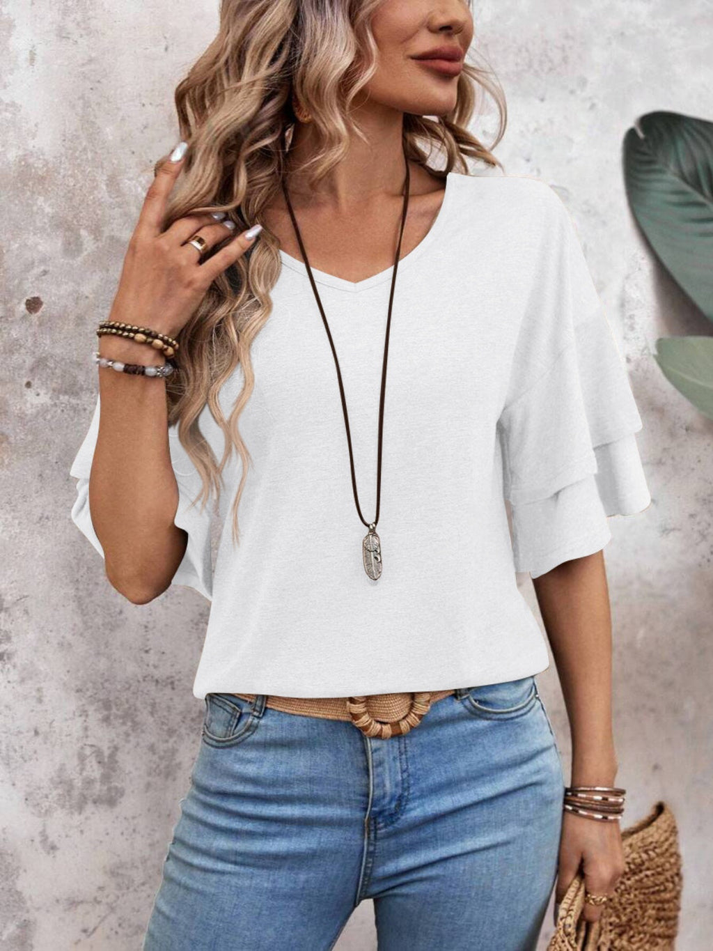 Damen - Bluse - Weicher Stoff - V-Ausschnitt und halben Ärmeln für stilvolle Looks - Trendiges Top