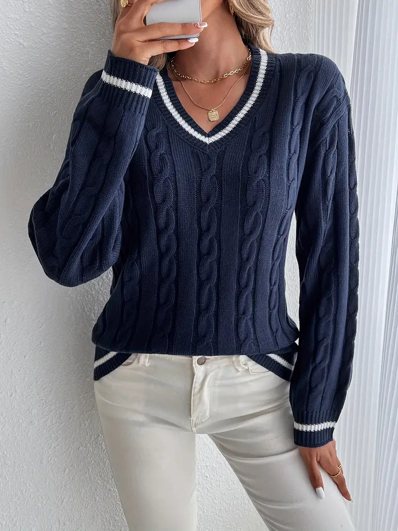 Damen - Gemütlicher Pullover - Weicher Strick - V-Ausschnitt - Perfekten Herbstlook