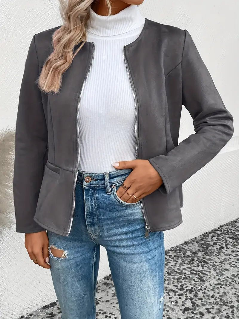 Damen - Maßgeschneiderte Jacke - Weiche Stoff - Minimalistisches Zip-Up Design - Elegante Smart Casual Oberbekleidung