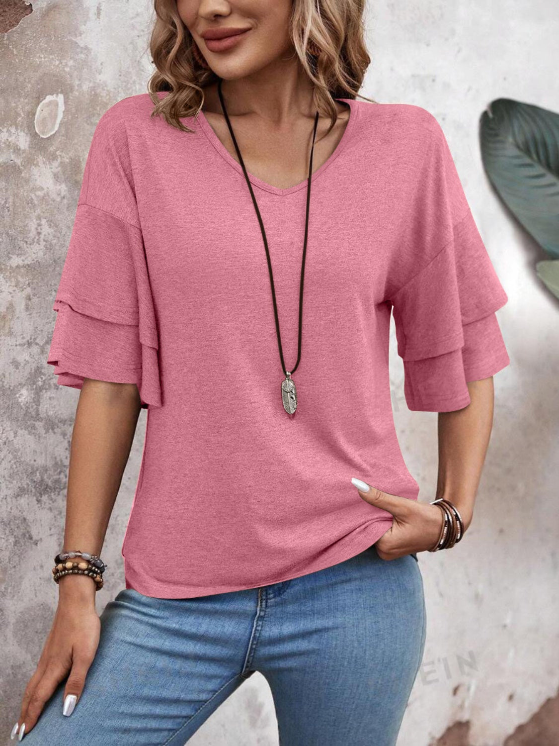 Damen - Bluse - Weicher Stoff - V-Ausschnitt und halben Ärmeln für stilvolle Looks - Trendiges Top