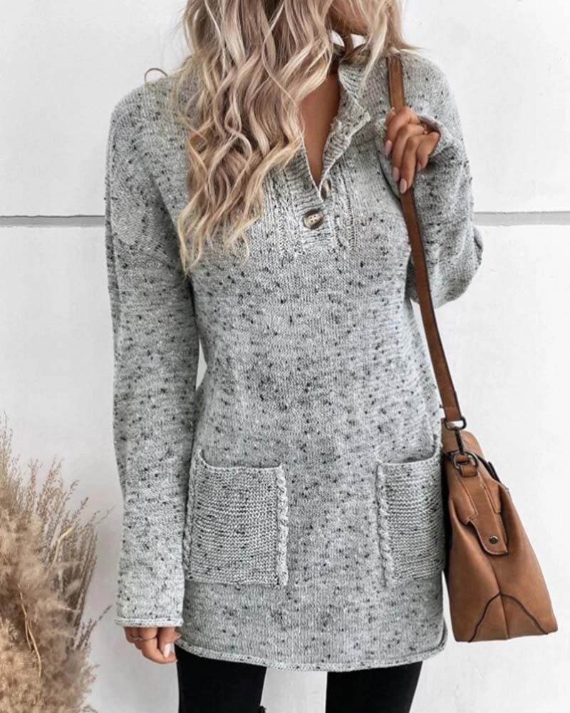 Deqa | Langer Pullover mit Taschen und V-Ausschnitt