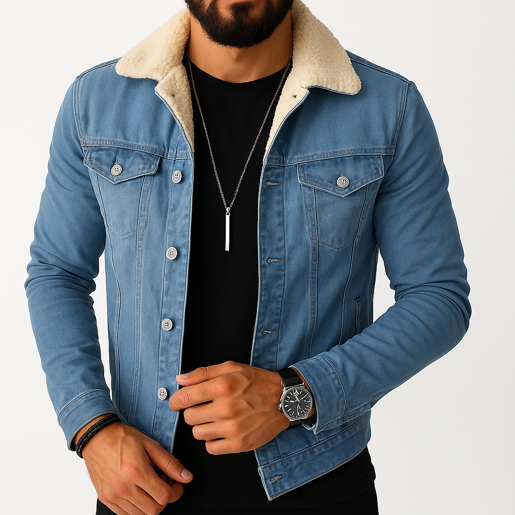 Herren - Denim Jacke - Sherpa gefüttert mit Kunstfellkragen - Lässiger Winterlook für jeden Tag