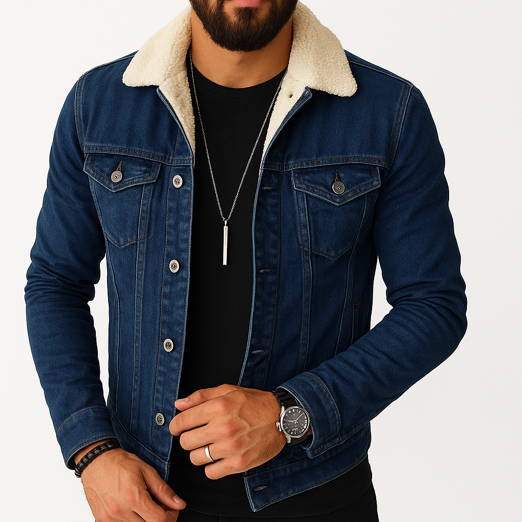 Herren - Denim Jacke - Sherpa gefüttert mit Kunstfellkragen - Lässiger Winterlook für jeden Tag