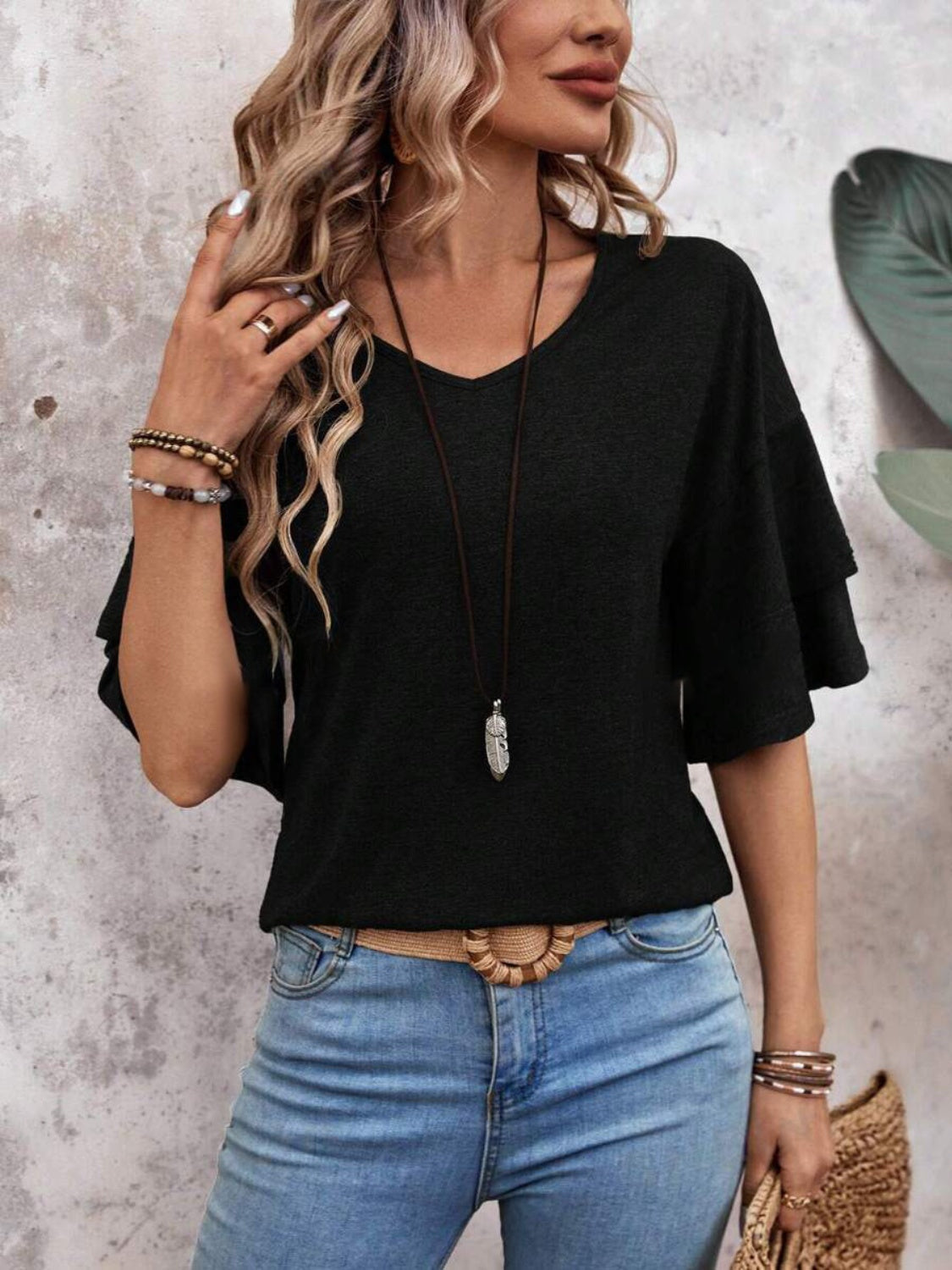 Damen - Bluse - Weicher Stoff - V-Ausschnitt und halben Ärmeln für stilvolle Looks - Trendiges Top