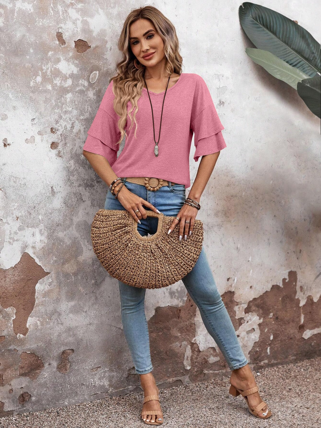 Damen - Bluse - Weicher Stoff - V-Ausschnitt und halben Ärmeln für stilvolle Looks - Trendiges Top
