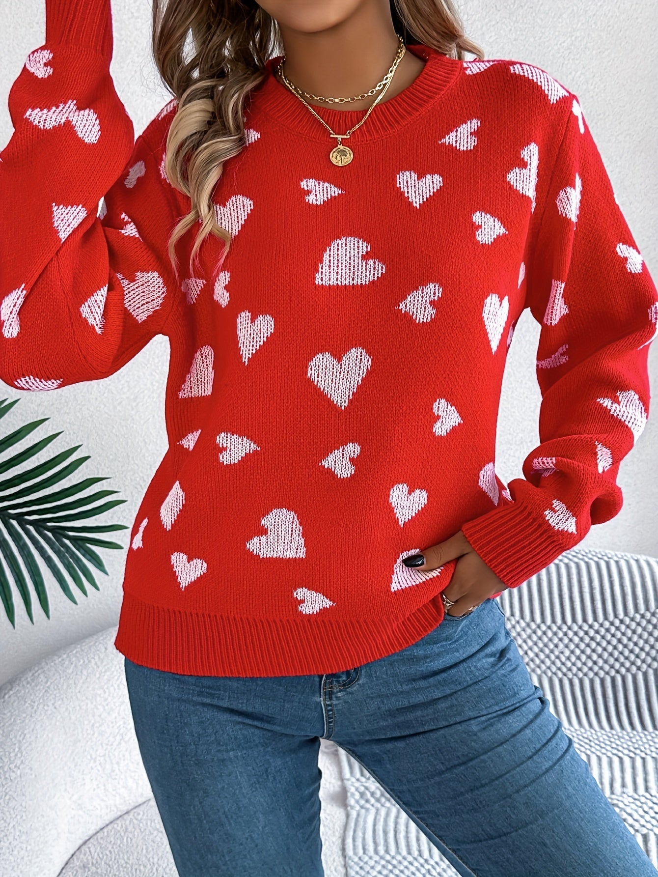 Elin | Eleganter Damen-Pullover mit Rundhalsausschnitt und Herzmuster