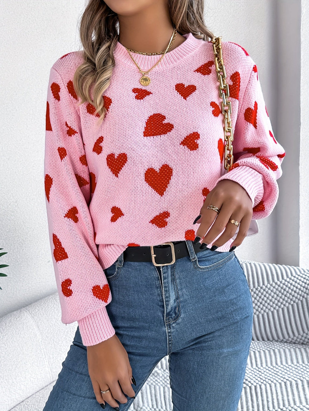 Elin | Eleganter Damen-Pullover mit Rundhalsausschnitt und Herzmuster