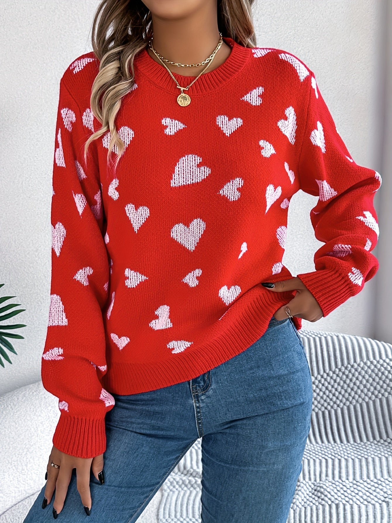 Elin | Eleganter Damen-Pullover mit Rundhalsausschnitt und Herzmuster