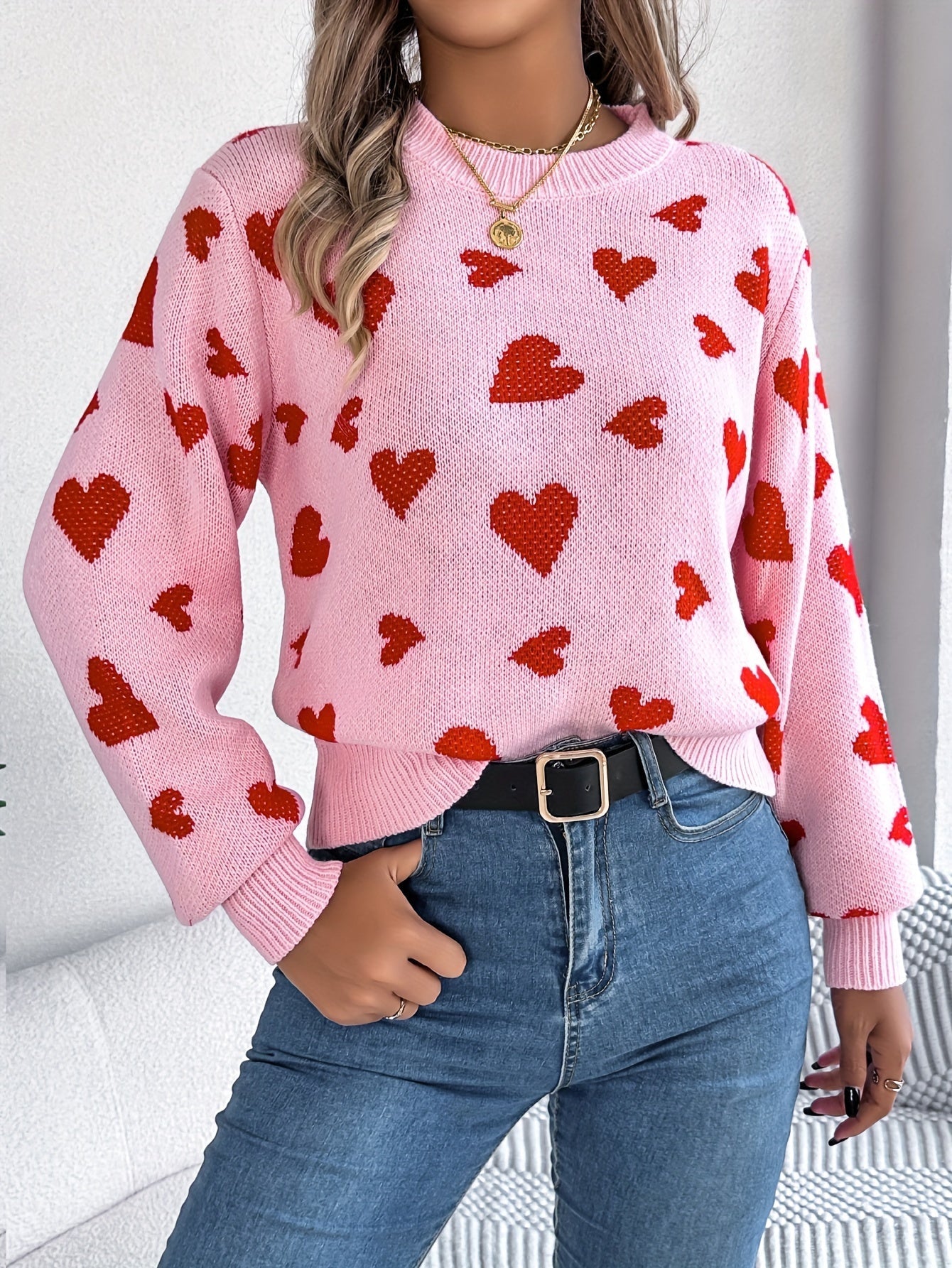 Elin | Eleganter Damen-Pullover mit Rundhalsausschnitt und Herzmuster