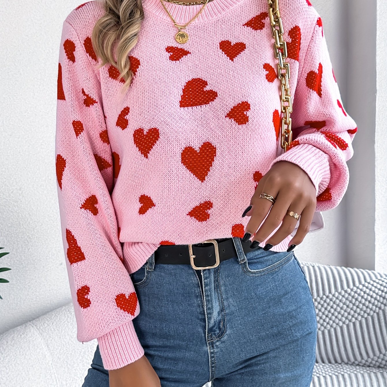 Elin | Eleganter Damen-Pullover mit Rundhalsausschnitt und Herzmuster