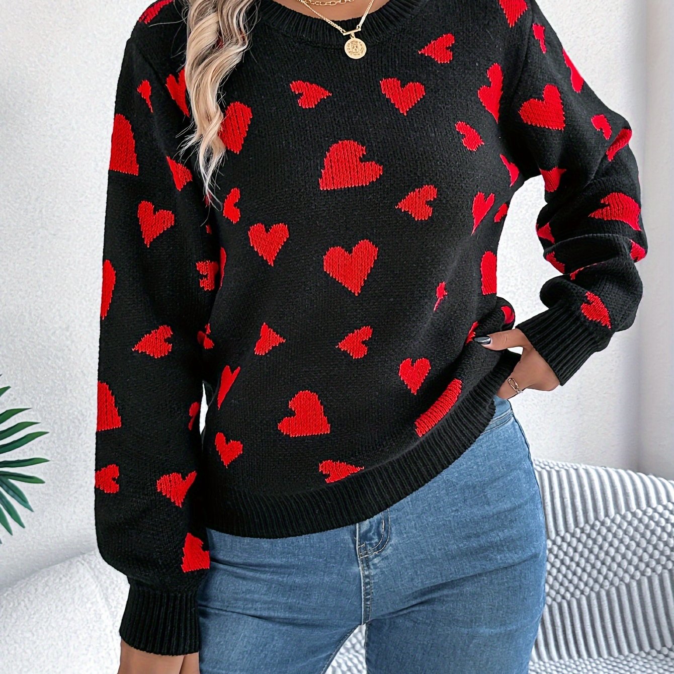 Elin | Eleganter Damen-Pullover mit Rundhalsausschnitt und Herzmuster
