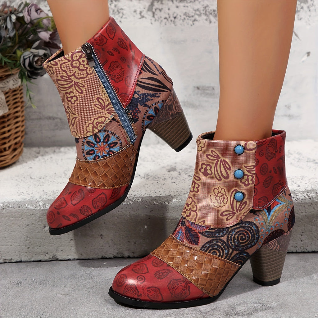 Emma | Modische Stiefelette mit klobigem Absatz und floralem Muster