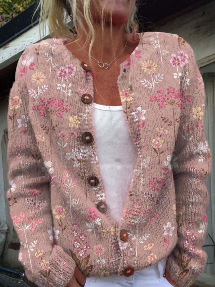 Damen - Strickjacke - Blumenmuster - gemütlicher Rundhalsausschnitt - ideal für lässige Anlässe