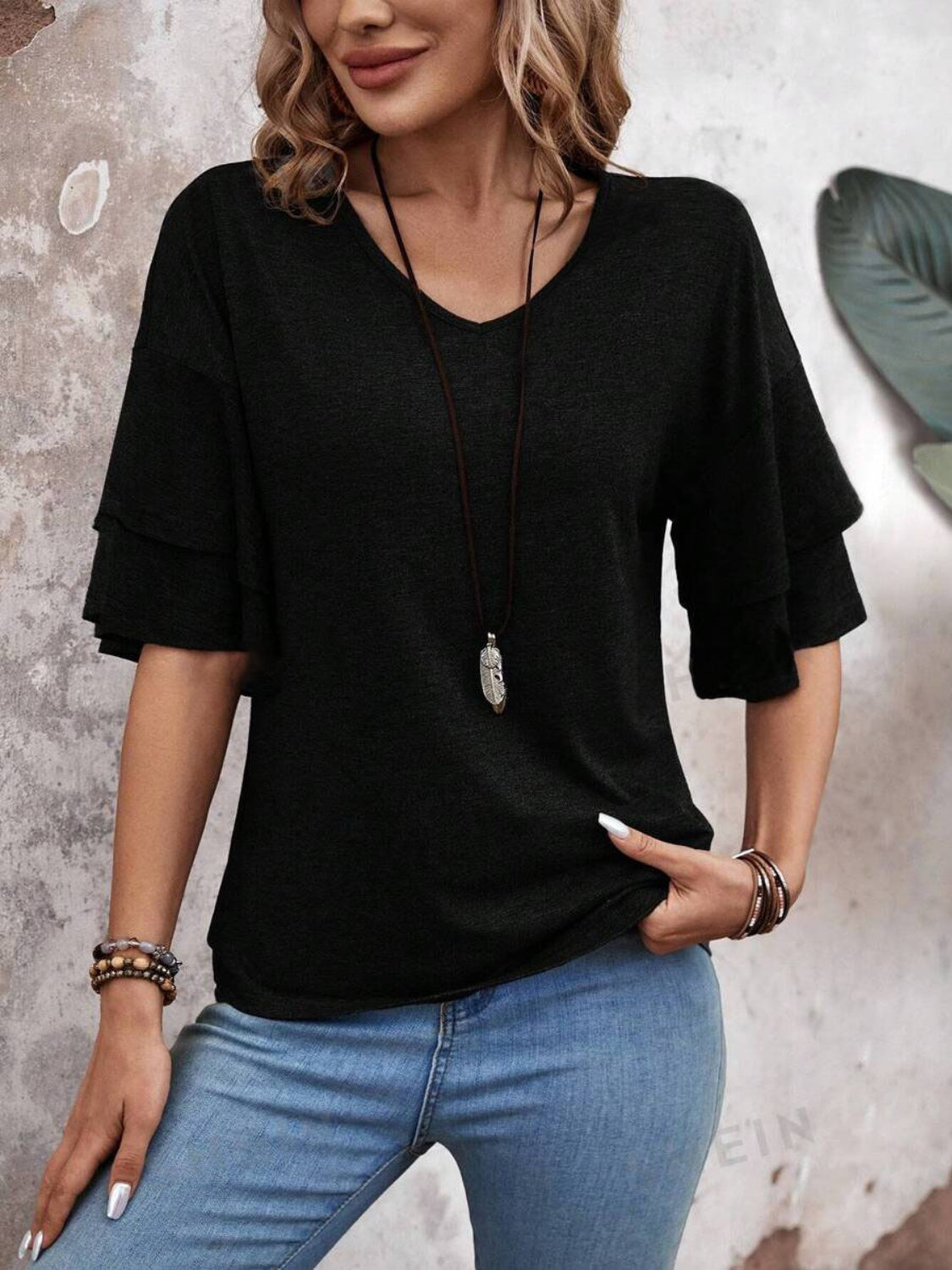 Damen - Bluse - Weicher Stoff - V-Ausschnitt und halben Ärmeln für stilvolle Looks - Trendiges Top