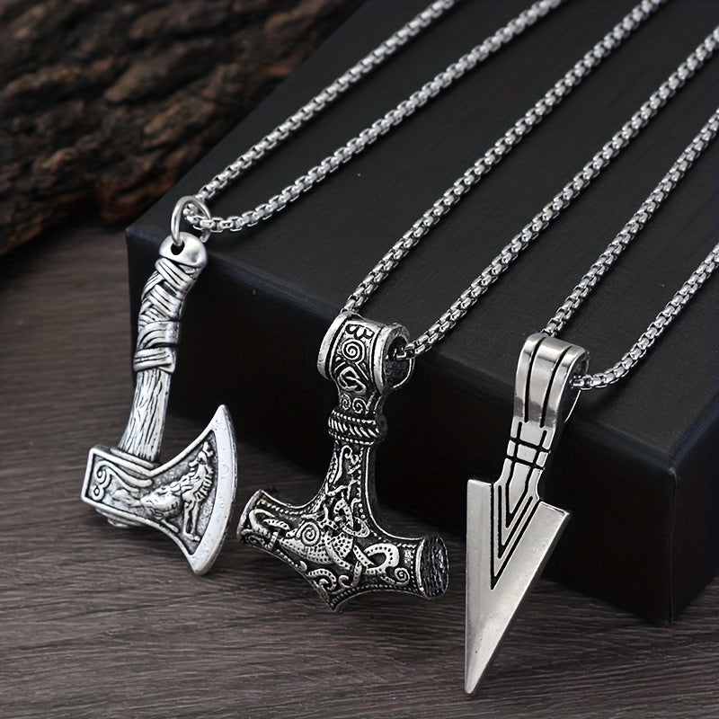Herren-Halsketten-Set | 3-teilige Wikinger-Anhänger-Halsketten | Nordische Symbole & Geschenk-Set | Silber-Grau-Legierung