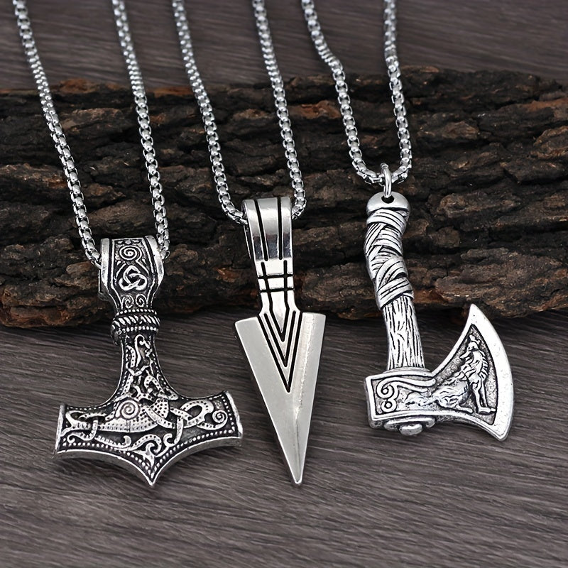 Herren-Halsketten-Set | 3-teilige Wikinger-Anhänger-Halsketten | Nordische Symbole & Geschenk-Set | Silber-Grau-Legierung