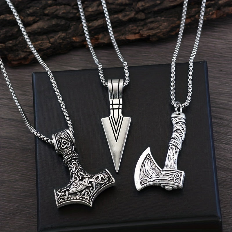 Herren-Halsketten-Set | 3-teilige Wikinger-Anhänger-Halsketten | Nordische Symbole & Geschenk-Set | Silber-Grau-Legierung