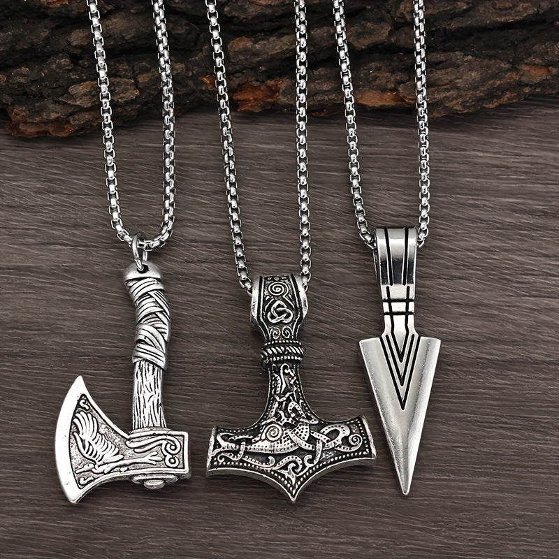 Herren-Halsketten-Set | 3-teilige Wikinger-Anhänger-Halsketten | Nordische Symbole & Geschenk-Set | Silber-Grau-Legierung
