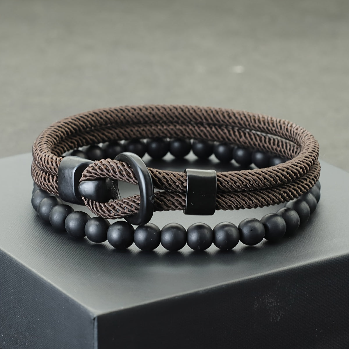 Herrenarmband-Set | Doppellagiges Seil & Schwarzer Onyx | 2-teilig | Sportlicher Stil