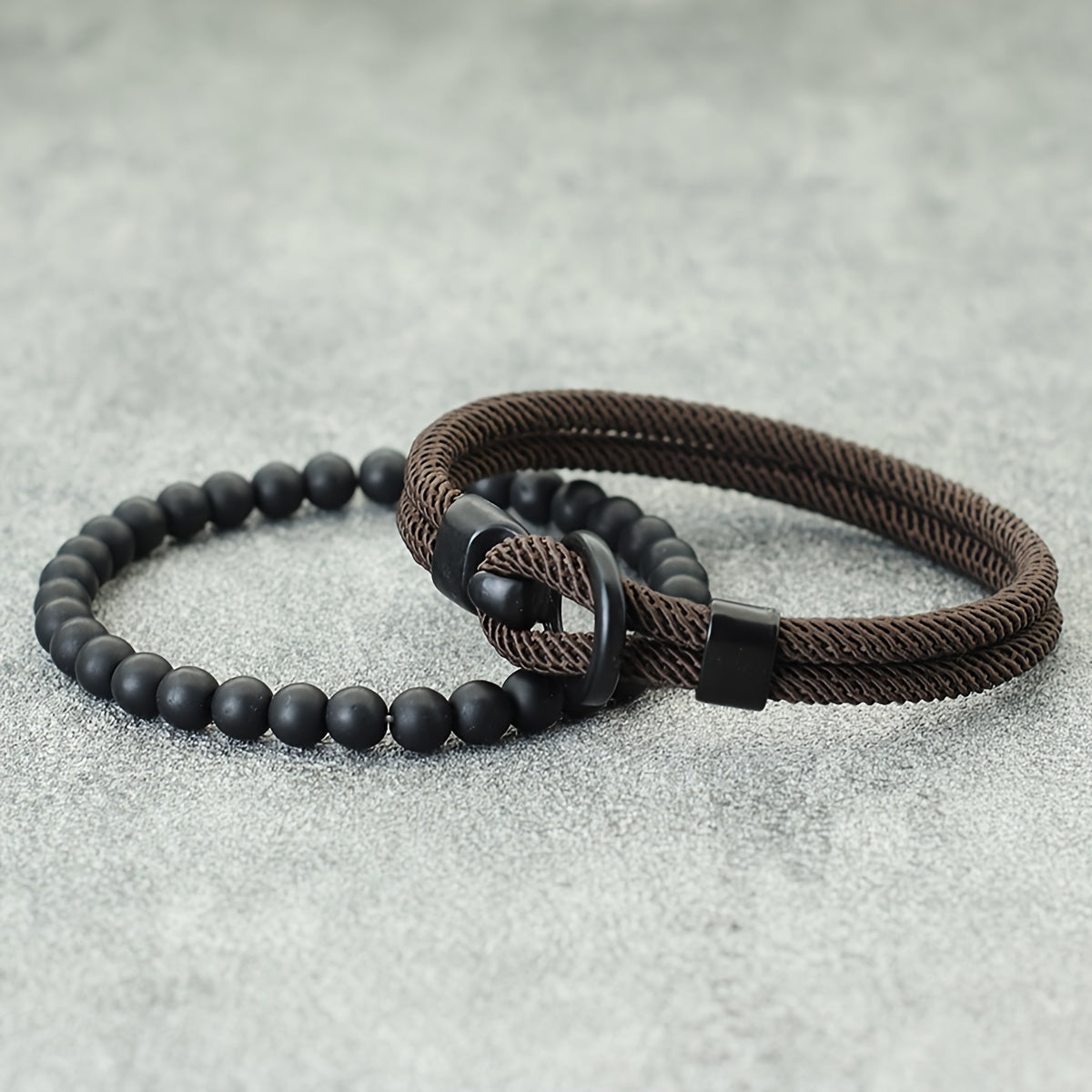 Herrenarmband-Set | Doppellagiges Seil & Schwarzer Onyx | 2-teilig | Sportlicher Stil