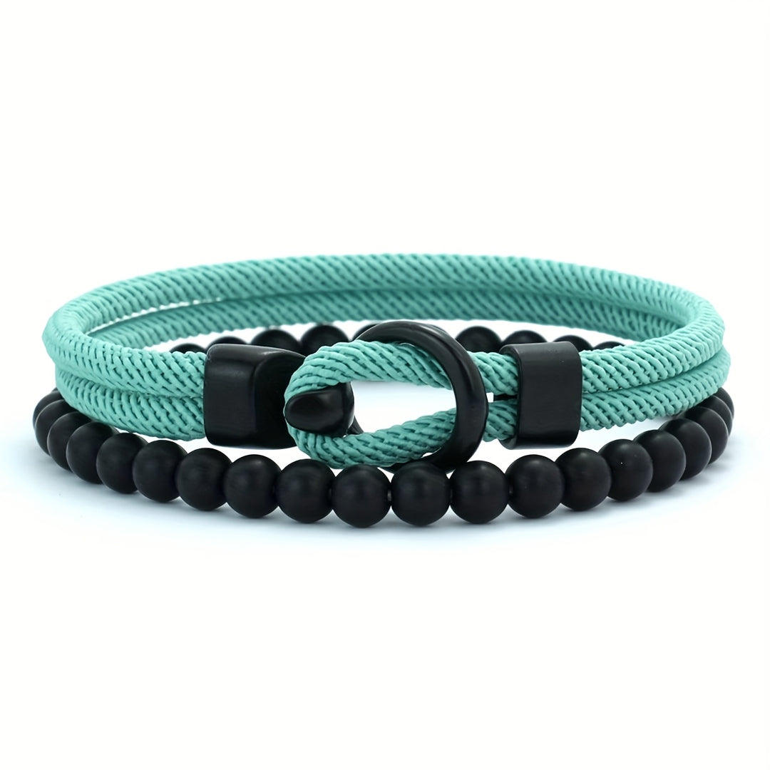 Herrenarmband-Set | Doppellagiges Seil & Schwarzer Onyx | 2-teilig | Sportlicher Stil