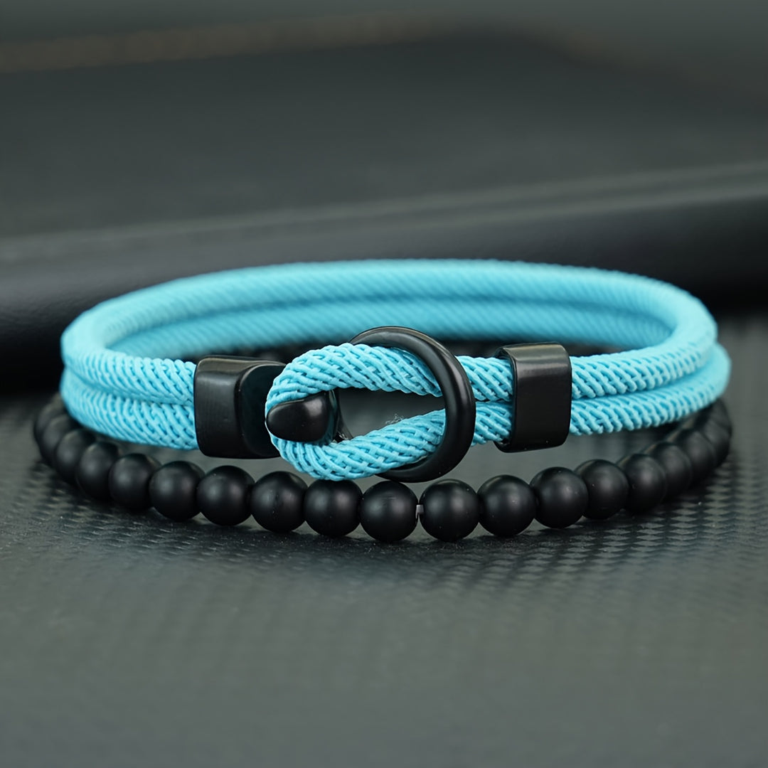 Herrenarmband-Set | Doppellagiges Seil & Schwarzer Onyx | 2-teilig | Sportlicher Stil