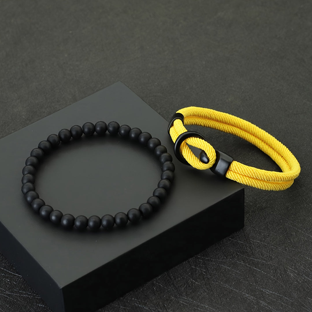 Herrenarmband-Set | Doppellagiges Seil & Schwarzer Onyx | 2-teilig | Sportlicher Stil