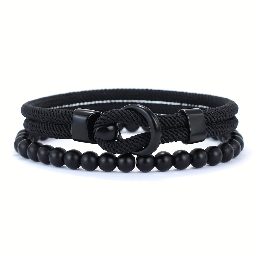 Herrenarmband-Set | Doppellagiges Seil & Schwarzer Onyx | 2-teilig | Sportlicher Stil