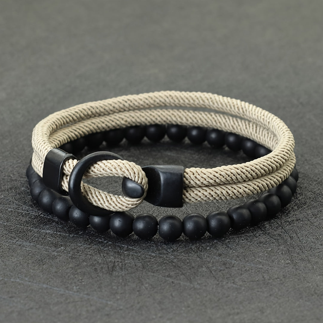 Herrenarmband-Set | Doppellagiges Seil & Schwarzer Onyx | 2-teilig | Sportlicher Stil