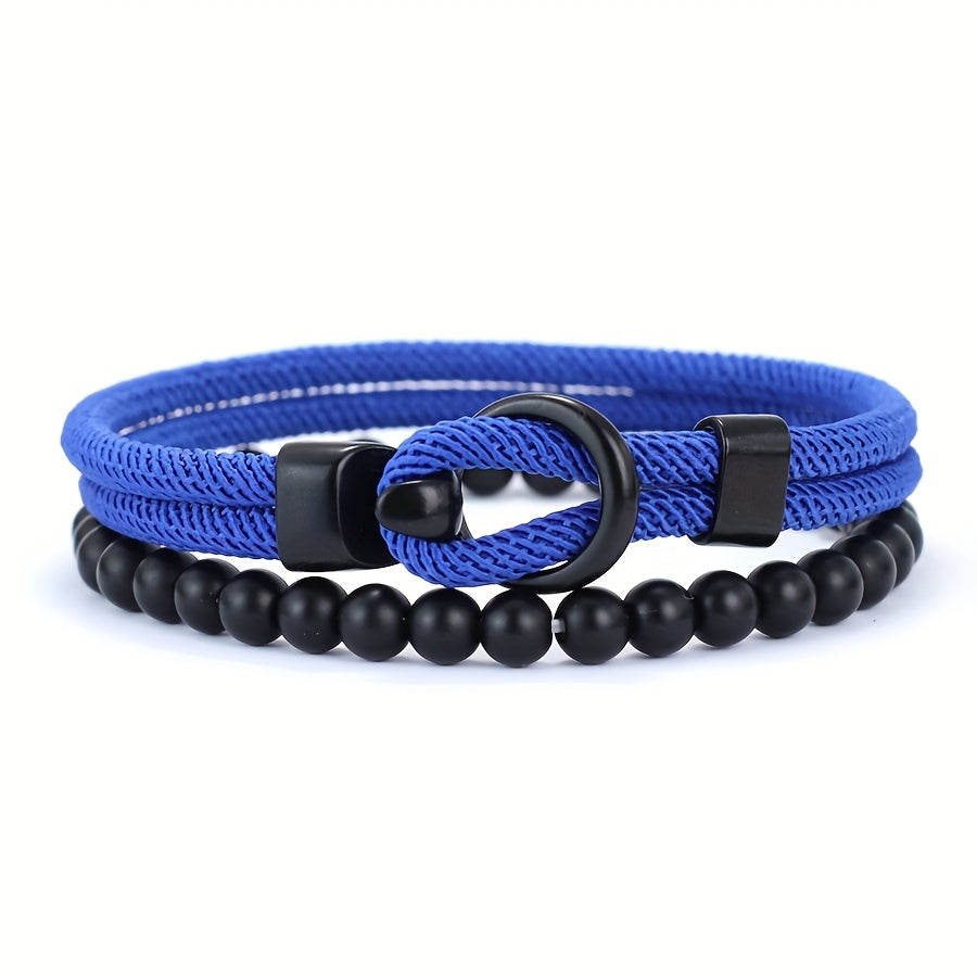 Herrenarmband-Set | Doppellagiges Seil & Schwarzer Onyx | 2-teilig | Sportlicher Stil