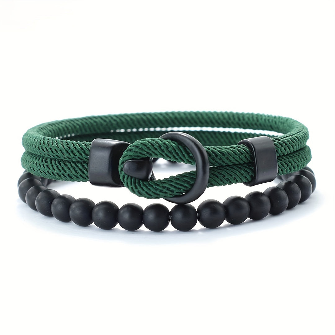 Herrenarmband-Set | Doppellagiges Seil & Schwarzer Onyx | 2-teilig | Sportlicher Stil