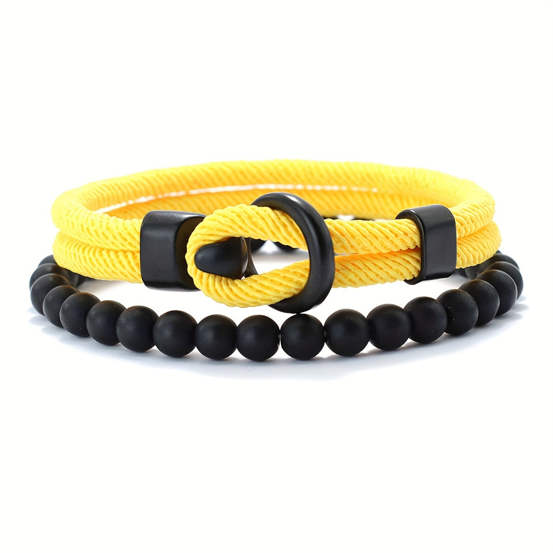 Herrenarmband-Set | Doppellagiges Seil & Schwarzer Onyx | 2-teilig | Sportlicher Stil