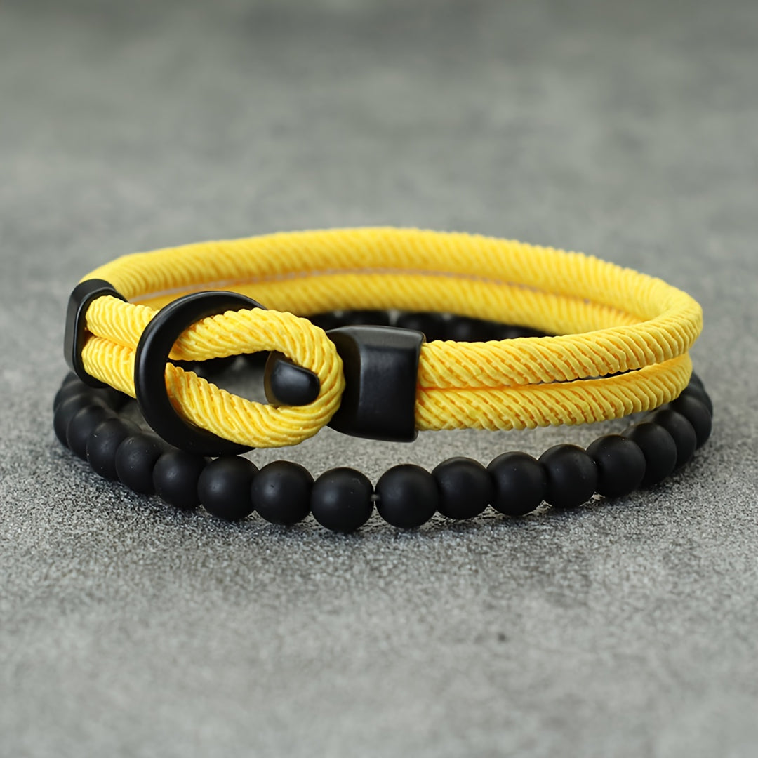 Herrenarmband-Set | Doppellagiges Seil & Schwarzer Onyx | 2-teilig | Sportlicher Stil