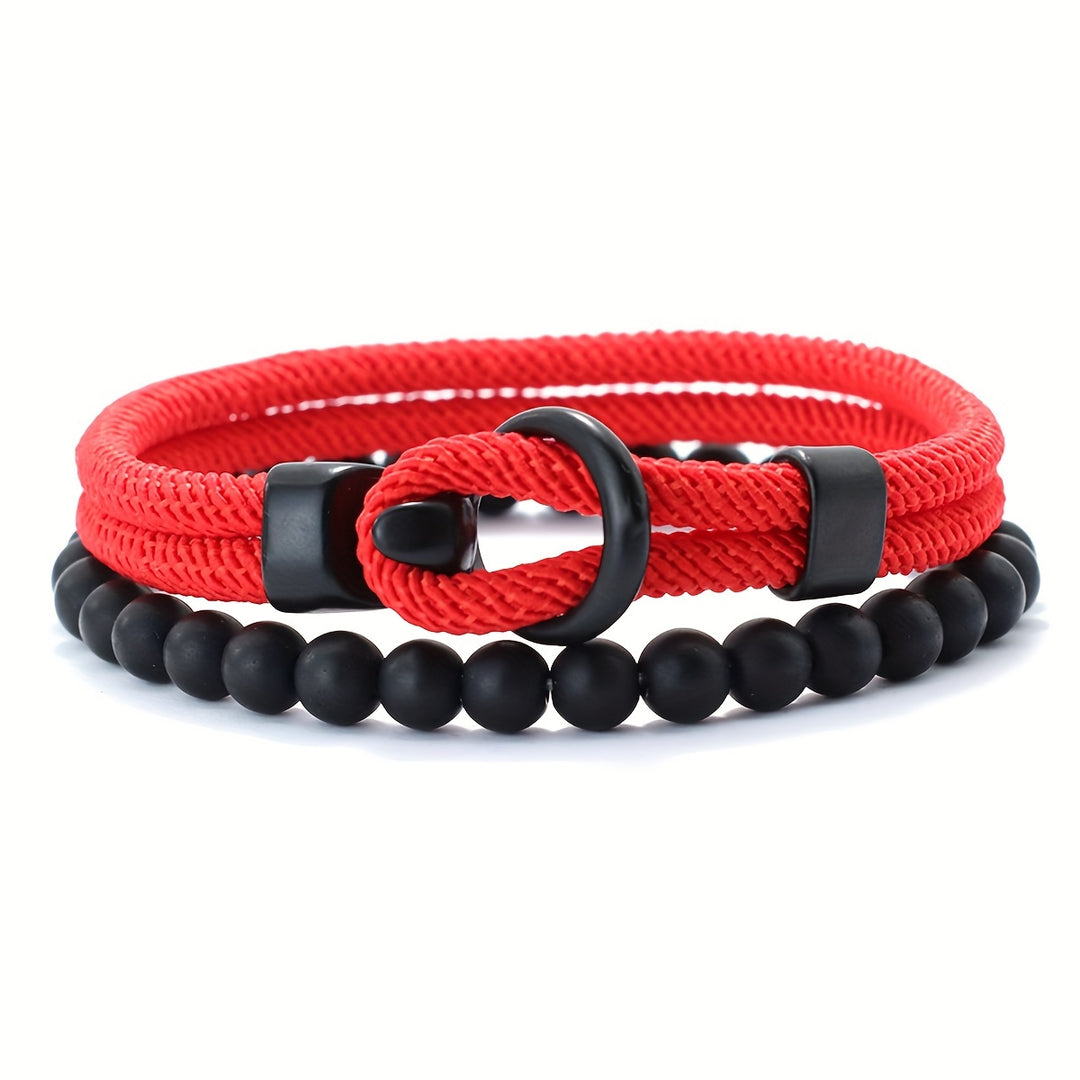Herrenarmband-Set | Doppellagiges Seil & Schwarzer Onyx | 2-teilig | Sportlicher Stil