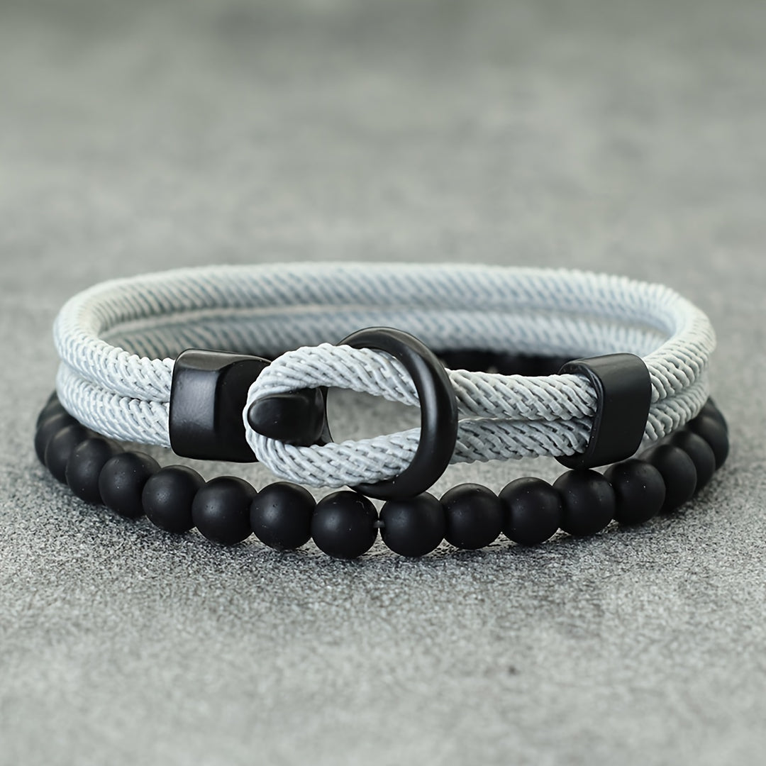 Herrenarmband-Set | Doppellagiges Seil & Schwarzer Onyx | 2-teilig | Sportlicher Stil